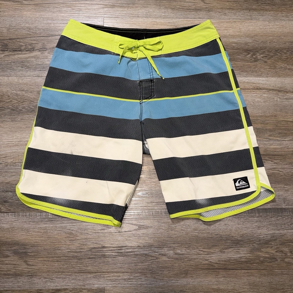 Quiksilver Cypher Brigg Scallop Board Shorts Mens 32W Horizontal Stripes Neon
